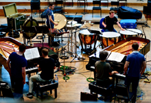 Cédric Tiberghien, François-Frédéric Guy, Colin Currie & Sam Walton recording Bartók's Sonata for two pianos and percussion in Henry Wood Hall, London