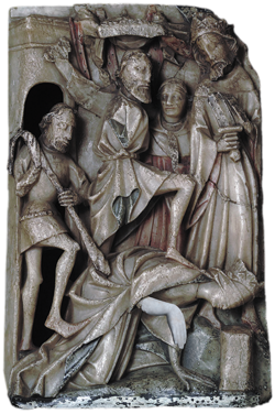 The beheading of Saint Katherine. The executioner stands over the crowned but helpless saint, his foot on her shoulder, while her tormentor the Emperor Maxentius looks on. Arm replacing the lost original in the panel © Sarah Danays, 2018. Courtesy of the Victoria and Albert Museum, London